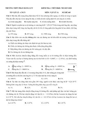 Đề kiểm tra 1 tiết học kỳ II môn Vật lý Lớp 11 - Mã đề 485 - Năm học 2019-2020 - Trường THPT Phan Đăng Lưu